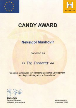 CANDY Award – Neksigol Mushovir honored as “The Innovator” for active contribution to “Promoting Economic Development and Regional Integration in Central Asia”